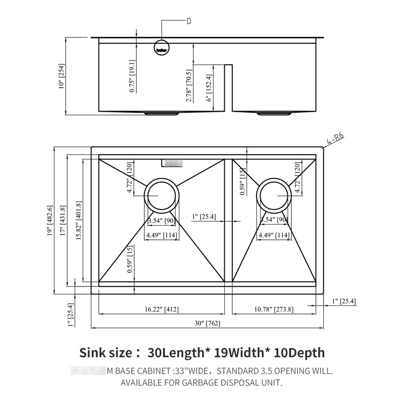 Évier de cuisine encastré 30 po x 19 po à double cuve 60/40 en acier inoxydable T304 de calibre 16 avec deux cuves profondes de 10 po, tablier avant en forme de X, guide d'eau en forme de X, coin arrondi R10, revêtement, patin en caoutchouc de 3 m