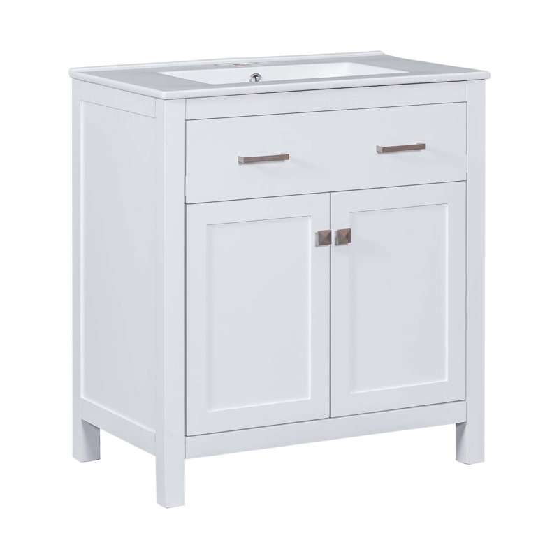 Meuble-lavabo moderne simple avec lavabo en céramique, 2 portes à fermeture douce et 1 tiroir coulissant, Blanc