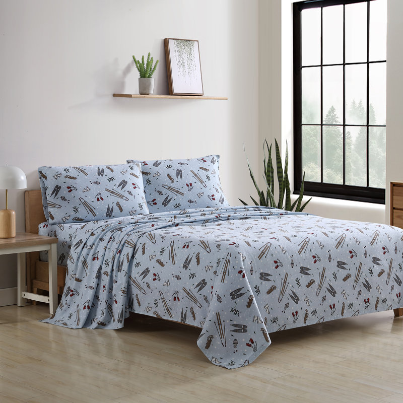 100% Cotton 200 Thread Count Flannel Sheet Set, Queen Sheet Set with 2 Pillowcases, Snow Days