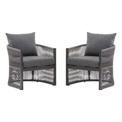 Méridienne moderne en aluminium courbé gris avec un design élégant tissé à la corde et un confort coussiné, parfait pour la vie en plein air