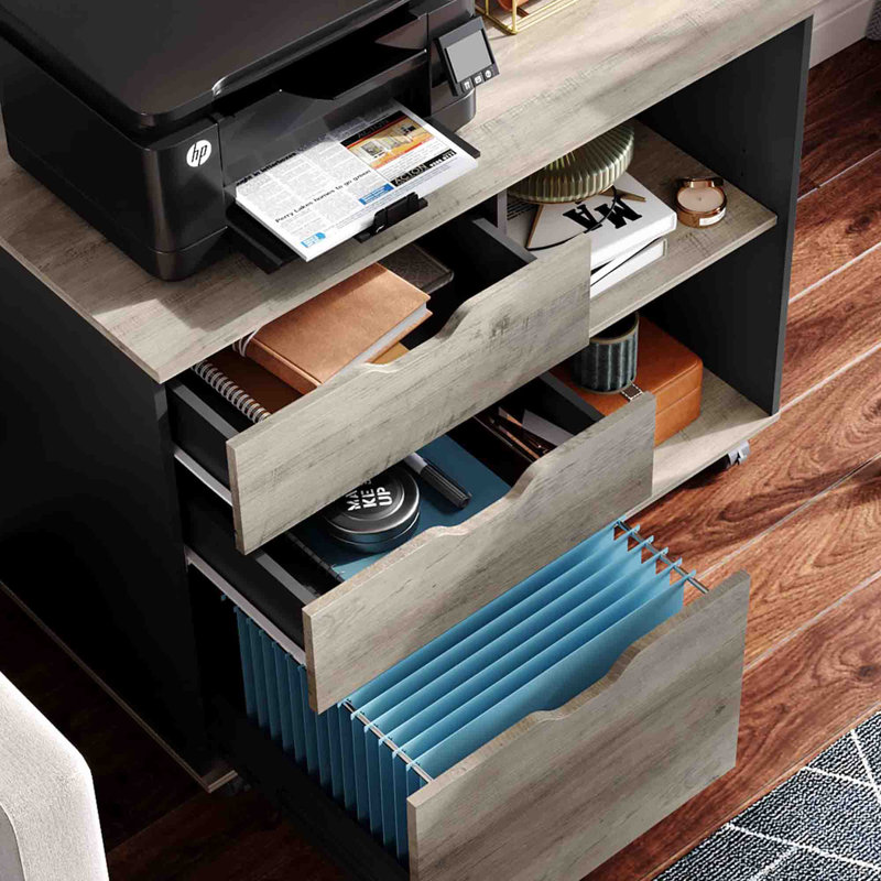 Greige 3-Drawer Wood Mobile Filing Cabinet with Open Shelves