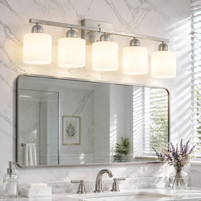 32" 5-Light Nickel Bathroom Vanity Light with White Shade, Rustproof Wall Sconce