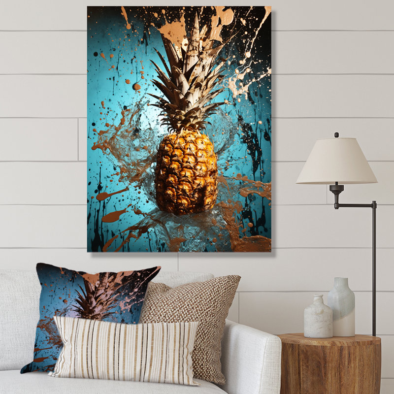 Abstrait turquoise «Ananas» torsadé - ananas, art mural, Toile tendue, H 44 po x l 34 po x P 1,5 po
