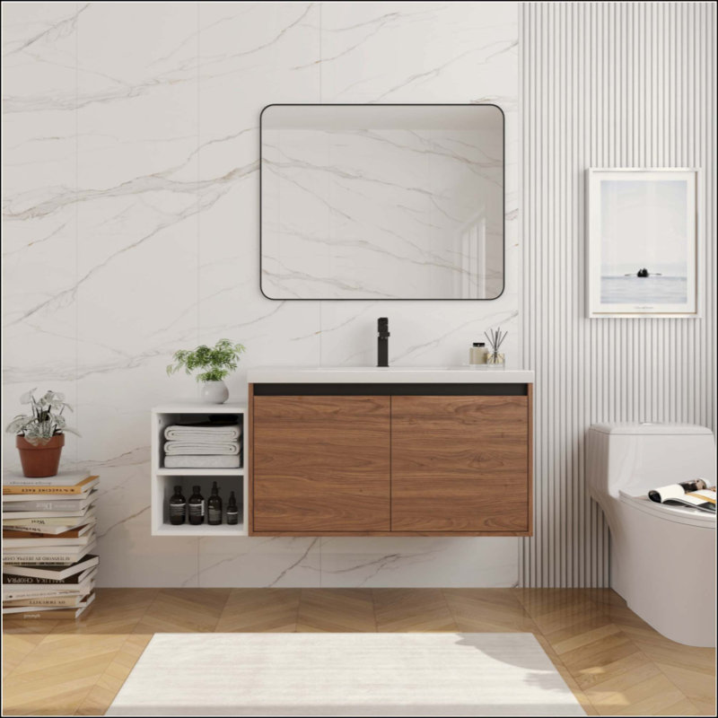 Meuble-lavabo mural avec lavabo de comptoir en résine, 1 tablette de rangement, 2 portes à fermeture douce (KD-Packing)