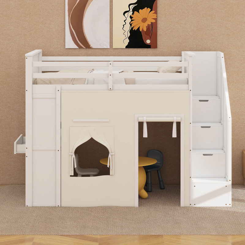 Lit mezzanine simple avec escalier et rangement, lit mezzanine en bois avec casiers, tiroirs et bureau