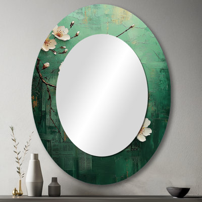 Fleur de cerisier dans les tons verts et blancs - Grand miroir mural ovale sur métal