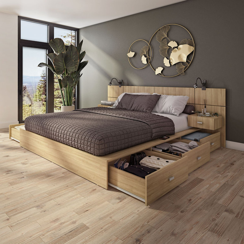 Delta Collection 6-Drawer Captain’s Storage Bed – Platform Bed with Headboard & 2 Nightstands – No Box Spring Required, Beige