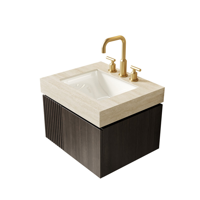 Comptoir en pierre frittée à motif de travertin 24 po MURI Roma et lavabo encastré en céramique avec trois trous de robinet pré-percés standard, sans armoire, sans robinet ni couvercle d'évier