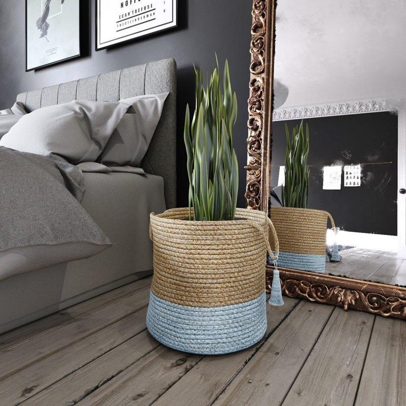 Panier de rangement en jute naturel fait à la main, H 17 po x l 17 po x P 17 po, Blanc/Noir