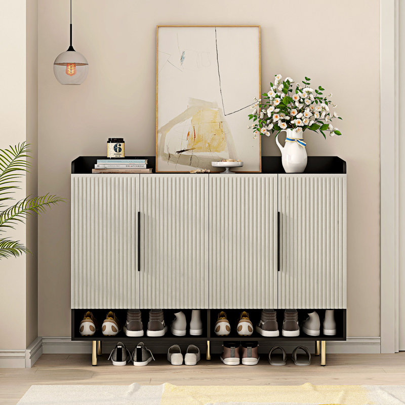 Off-White and Black 4-Door Modern Shoe Cabinet with Adjustable Shelves