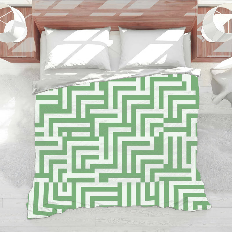 Édredon à motif géométrique Maze, Grand lit, Moyen vert blanc
