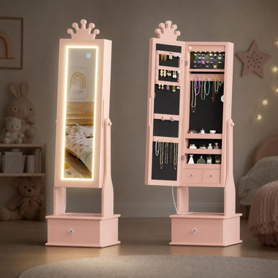 Armoire à bijoux avec miroir, lumière DEL, 3 tiroirs, organisateur inclinable pour chambre à coucher, mauve