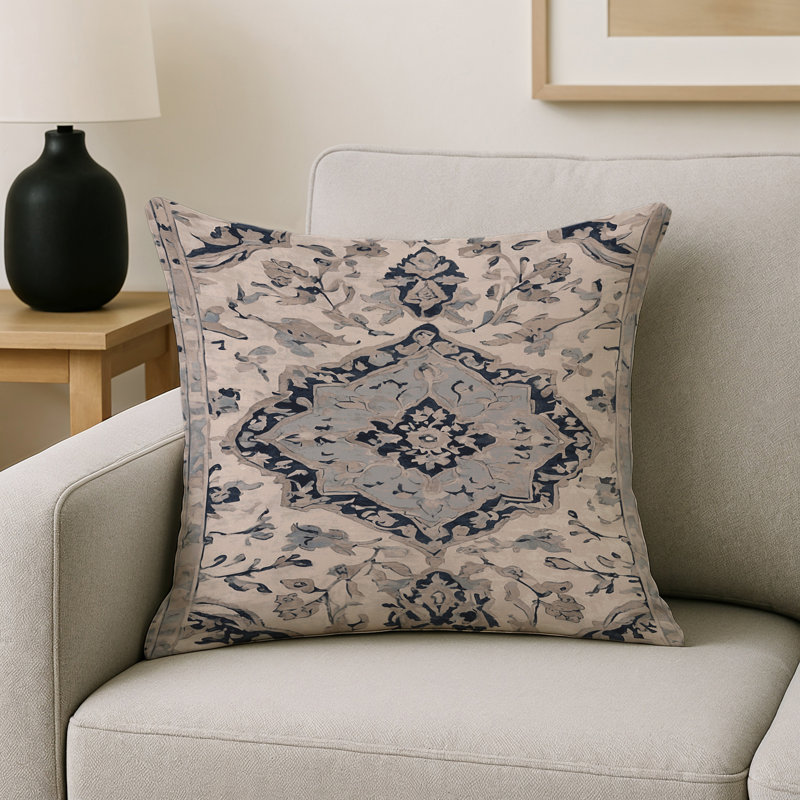 Coussin décoratif intérieur et extérieur Modern, Carré 16 po, Ivoire / bleu marine / damas gris