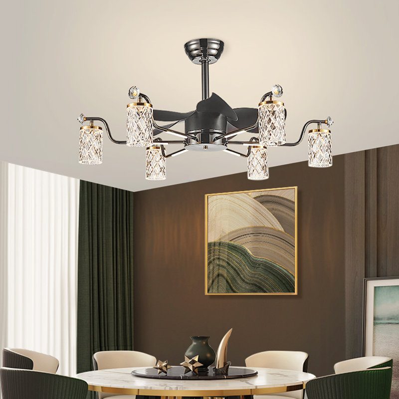 35.43" Luxury LED Dimmable Ceiling Fan with 6 Light and Remote, Black