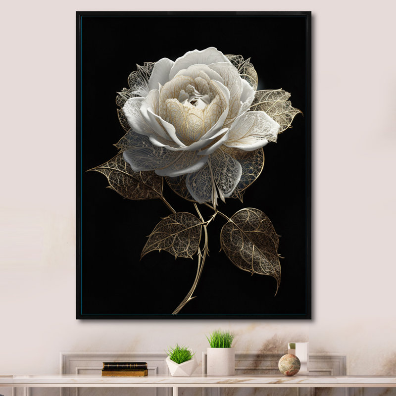 Rétro portrait de rose blanche sur fond noir sur toile, 44" H x 34" W, Cadre flottant noir