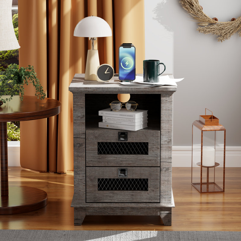 Table de bout à 2 tiroirs avec rangement et station de charge, Bois gris, Couleur claire