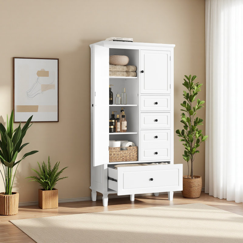 Armoire de rangement haute et large avec portes pour salle de bain / bureau / salon / intérieur, quatre tiroirs de différentes tailles, tablettes réglables, blanc