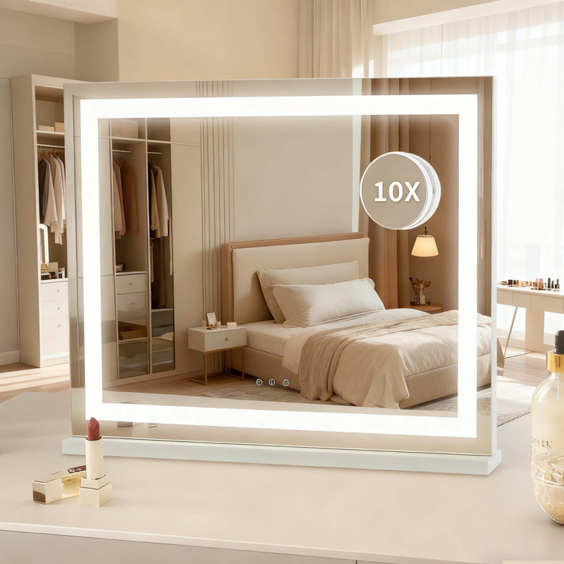 Miroir de maquillage lumineux avec grossissement 10X, commande tactile intelligente, miroir de coiffeuse 2-en-1 fixé au mur de table