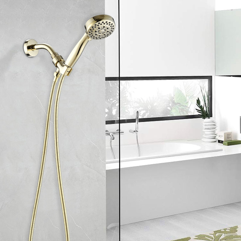 High Shower Head With 5 Spray Patterns - Fine Copper Swivel Bracket, Wall Mounted, Round, Adjustable Force, Includes Hose Mode Handheld Showering Polished Golden, Good Heat Resistance, Water Flow,