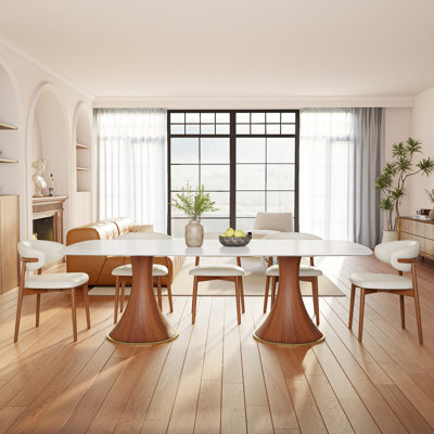Anjelyn 86.6"/93.7" Glossy Stone Kitchen Dining Table For 8-12 With Solid Wood Pedestal Base