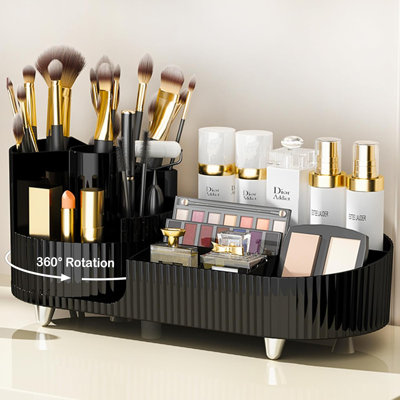 360° Rotating Makeup Organizer With Brush Holder - Large Spinning Cosmetic Storage For Vanity Countertop, Skincare, Perfume & Lotions Display Case - Multi-Functional Design For Home & Bathroom