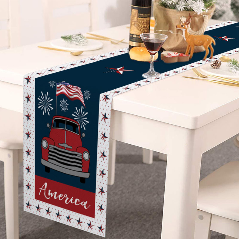 13X70in Table Runner Scarf Truck American Flag 4Th Of July Non-Slip Burlap Dinner Runner Decoration For Independence Day, E