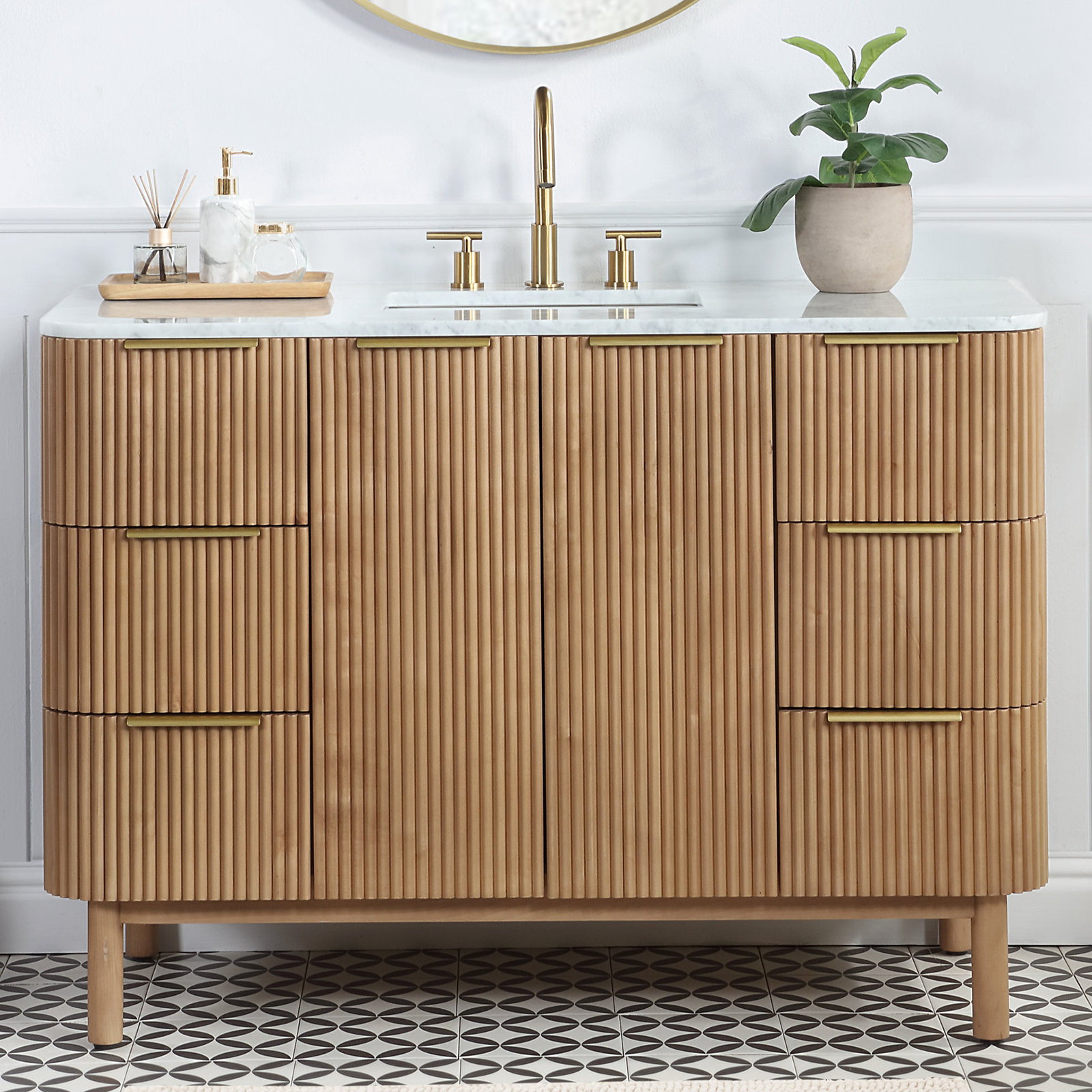 Nova 48" Carrara Marble Single Bathroom Vanity, Reeded Birch