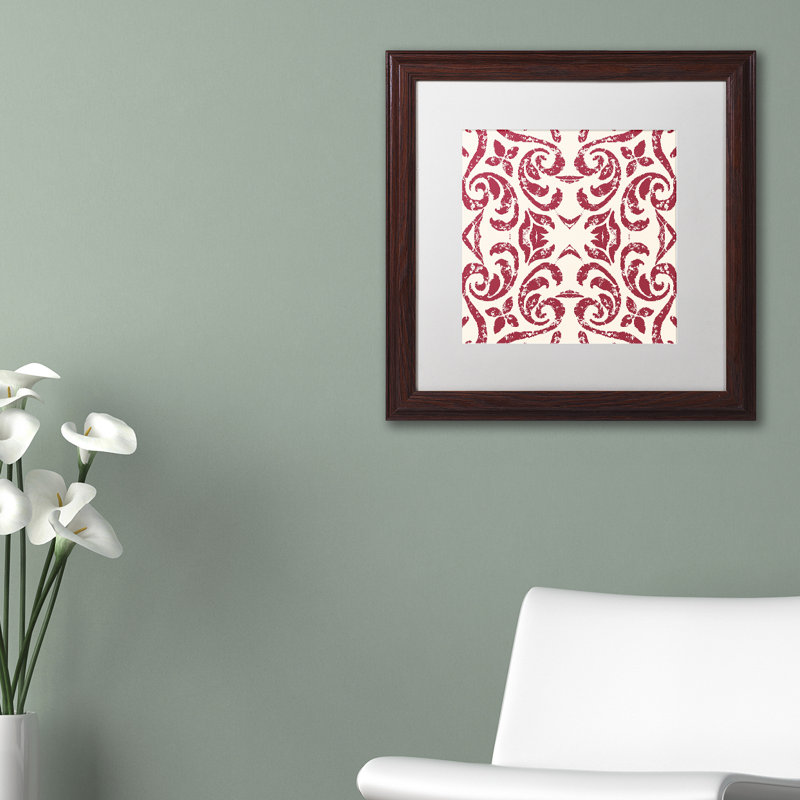 «Jadaya Damask Red» par Color Bakery, impression encadrée, Blanc, H 16 po x l 16 po x P 0,5 po, Cadre brun foncé