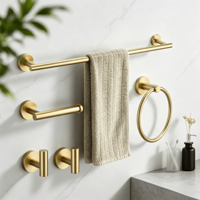 Ensemble de quincaillerie de salle de bain 5 pièces en or brossé, ensemble de barre à serviettes en acier inoxydable SUS304 avec porte-serviette, porte-papier hygiénique et crochets à peignoir, ensemble d'accessoires de salle de bain mural