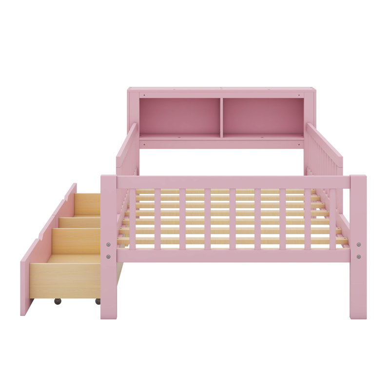 Structure de lit simple en bois avec deux tiroirs de rangement sous le lit et une barrière de sécurité à trois côtés, Rose
