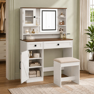 Coiffeuse de style campagnard avec miroir DEL, prise électrique et tabouret rembourré