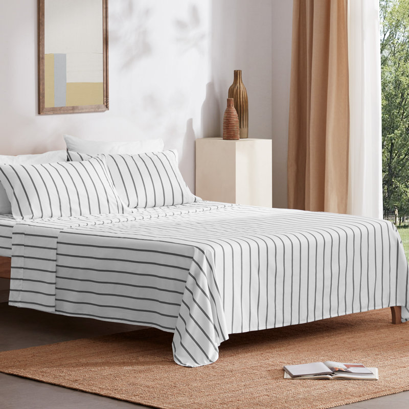 Ensemble de draps rayés en sergé de microfibre, Ensemble de draps pour grand lit + un drap-housse , Rayé gris / blanc