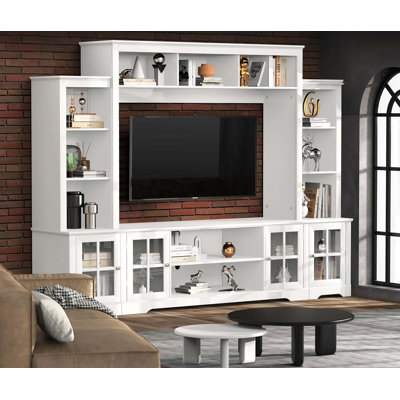 Grand meuble audio-vidéo avec rangement, meuble télé moderne avec étagères et armoire pont, grande bibliothèque de salon avec rangement, 65,7 po de largeur pour la télé