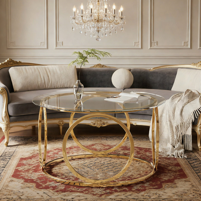 Table basse 31,5 "moderne avec plateau rond en verre avec cadre circulaire en métal, table d'appoint contemporaine pour le salon, le bureau et le salon (verre transparent + cadre)