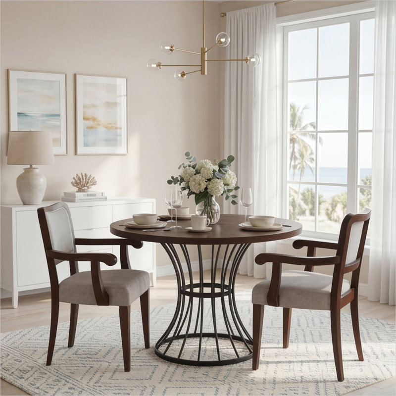 42-Inch Round 3-Piece Dining Set with 2 Upholstered Armchairs, Oak Veneer Tabletop and Classic Black Pedestal Base, Walnut-Finish Frames, Beige Fabric Seats, Rustic-Modern Style