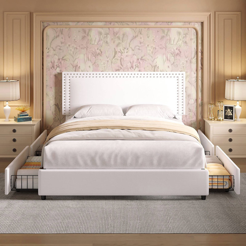 Full Size Bed with Storage Drawers Upholstered Platform Bed Adjustable with Nailhead Trim Headboard Wooden Slats Support Bed Frame