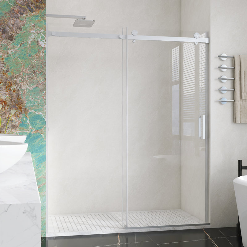 Porte de douche coulissante sans cadre de 56 à 60 po x 72 po avec verre trempé clair de 5/16 po (8 mm) de style GSCG, avec tampon