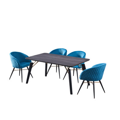 Goddard 4 Person Dining set - a Rectangular Wooden Dining Table with Metal Legs and a Set of 4 Quilted Velvet Dining Chairs for Dining Room - Modern Dining Table Set