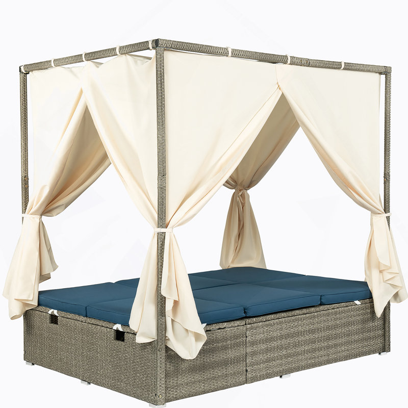 Adjustable Sun Bed With Curtain,High Com Fort,With 3 Colors, Blue Cushion/Brown Frame