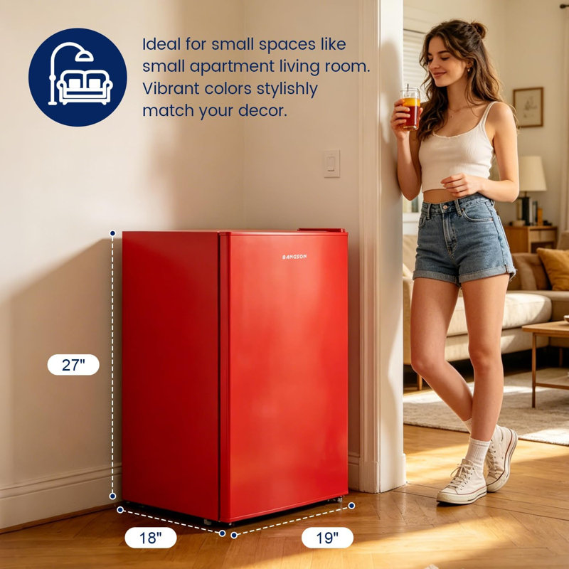BANGSON 2.6 Cu Ft Small Fridge with Freezer for Office Red | Mini Refrigerator for Dorm Bedroom, Compact Fridge, Energy-efficient, Low Noise