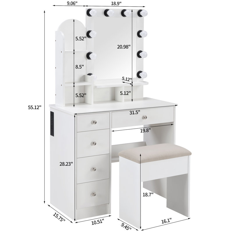 Besancon 4 drawer dressing table with light, White