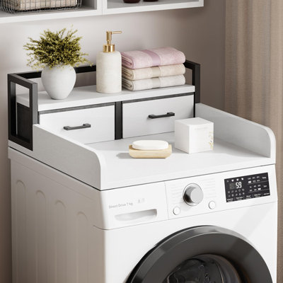 2-Tier Washer Dryer Countertop, Washing Machine Countertwith Shelf and 2 Drawers, Washer and Dryer Topper with High Guardrails, Smooth Edges, for Laundry Hamper Counter Storage Organization