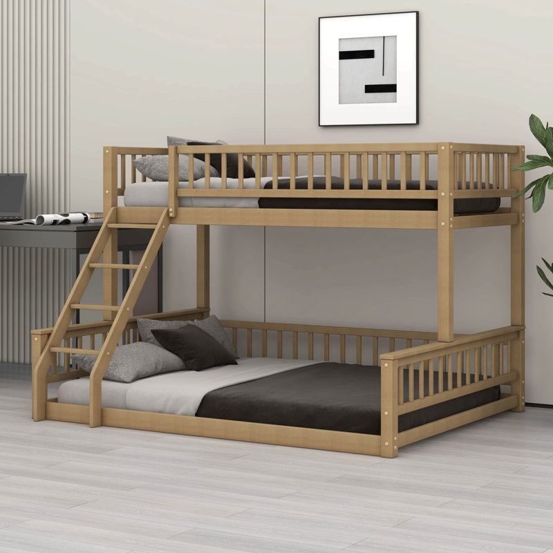 Twin XL Over Queen Floor Bunk Bed With Ladder,  Wood Bunk Bed With Safety Guardrails, Walnut