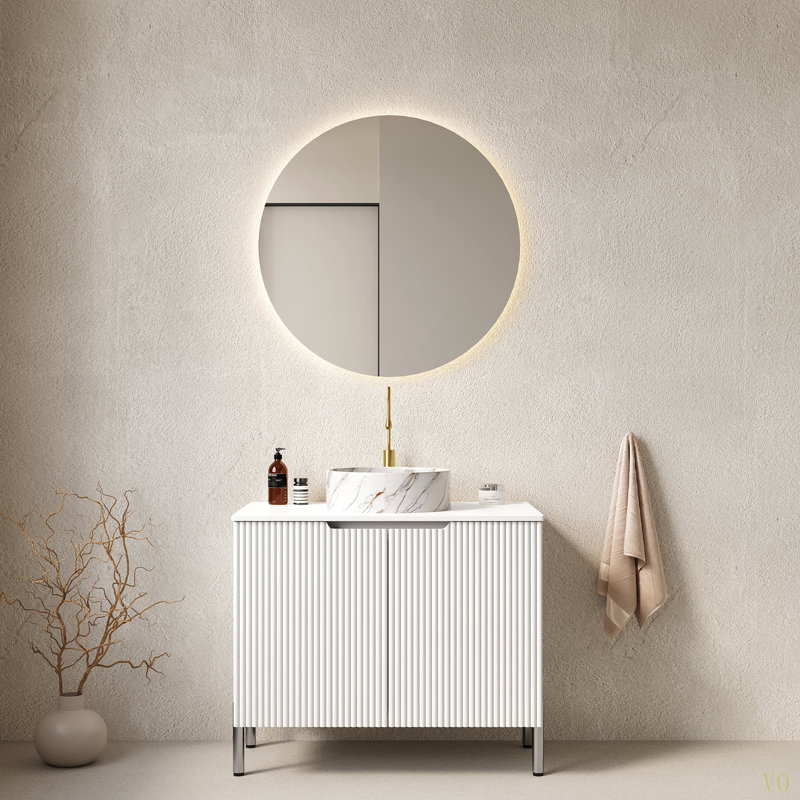 Meuble-lavabo de salle de bain 30 po avec lavabo, meuble de rangement autoportant avec 2 portes, lavabo rond en céramique avec motif en pierre et comptoir de Carrare, sans robinet