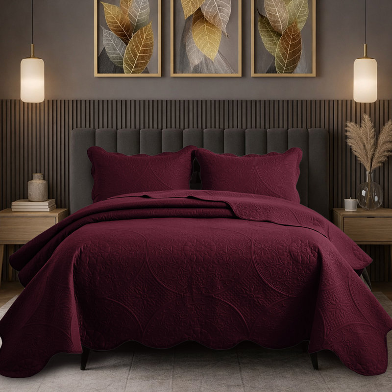 Floral Embossed Quilt Set, King Bedspread + 2 Standard Shams, Burgundy