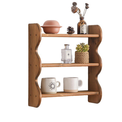 100% Solid Wood Wall Shelf 3-Tier, Rustic Floating Shelves Wall Mounted Storage Rack,(Brown)