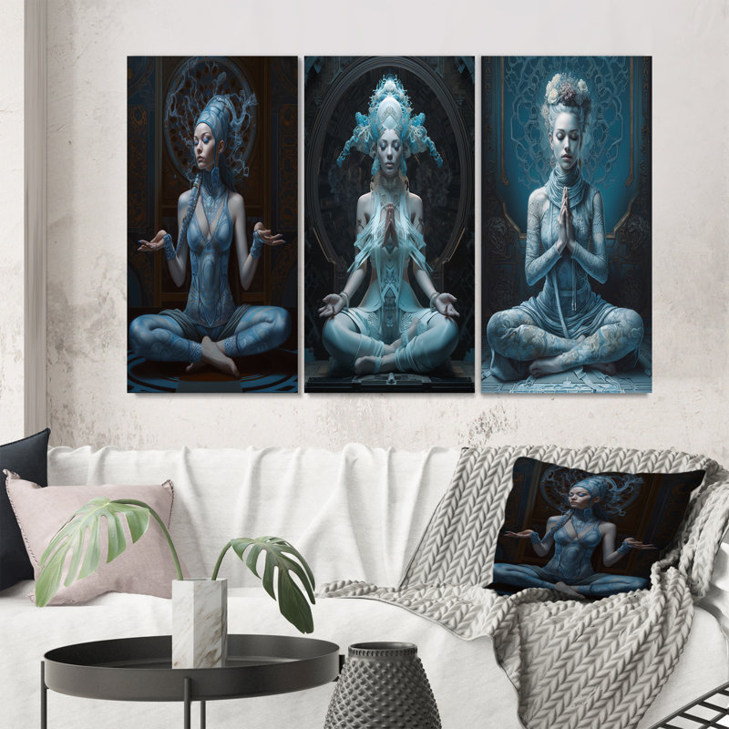 Spiritual Serenity Blue Goddess Meditation - Yoga Art Set Of 3 Pieces, Toile tendue, H 20 po x l 36 po