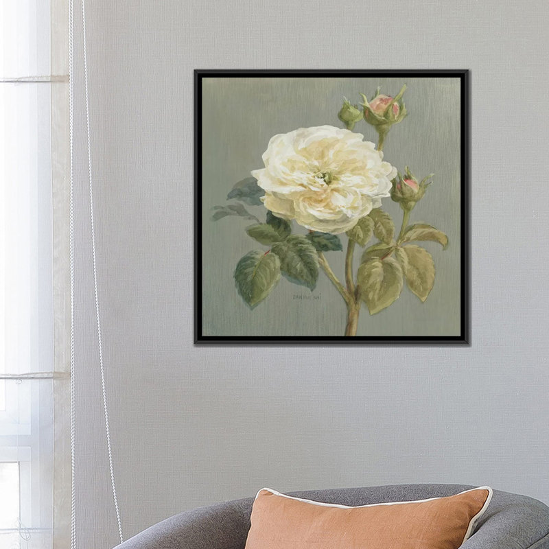 «Heirloom Rose» par Danhui Nai - reproduction d'art, H 26 po x l 26 po x P 1,5 po, Toile avec cadre noir, Aucun mat
