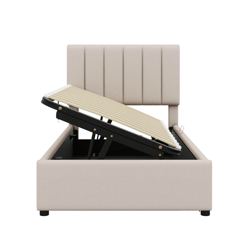 Twin Bed With Hydraulic Lift Storage And Linen-Upholstered Frame, Beige