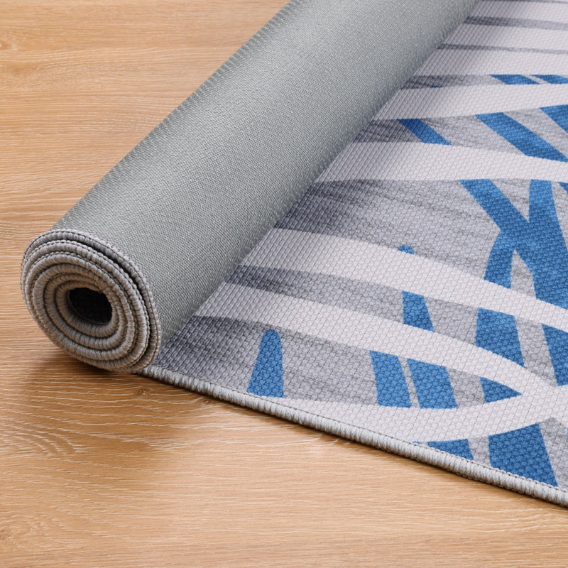 Tapis intérieur/extérieur bohème antidérapant 180 x 270 cm, Bleu/Gris, Rectangle 6' x 9'
